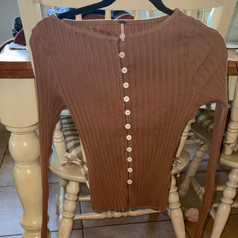 Free People Brown Ribbed Button-Down Top